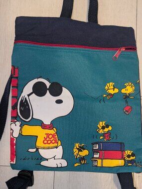 Vintage Snoopy With Woodstock Joe Cool Peanuts Blue Backpack Bookbag  12x13.5"
